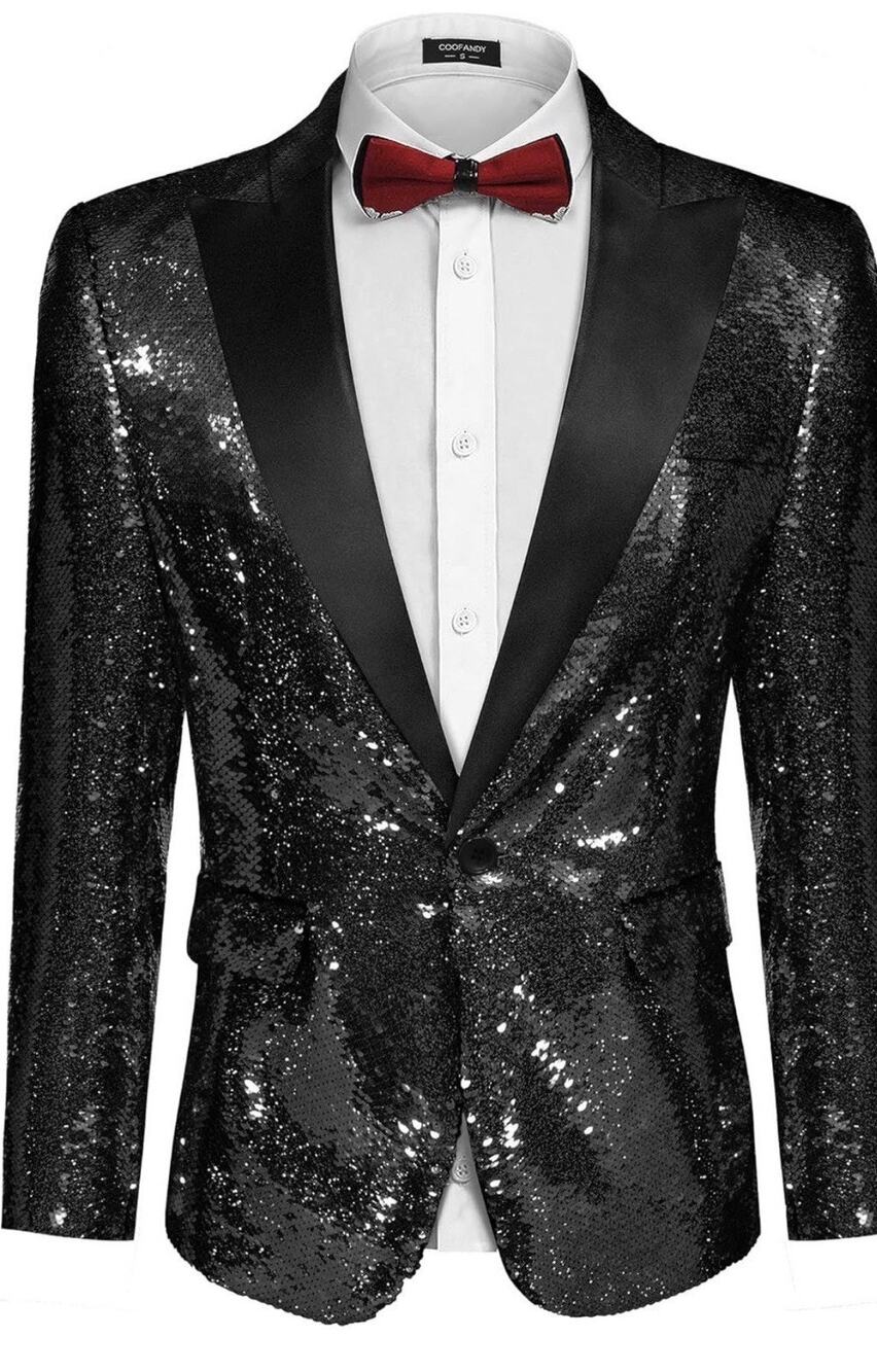 COOFANDY Mens Sequin Dinner Jacket Sparkly Glitter Shiny Black Suit Blazer M